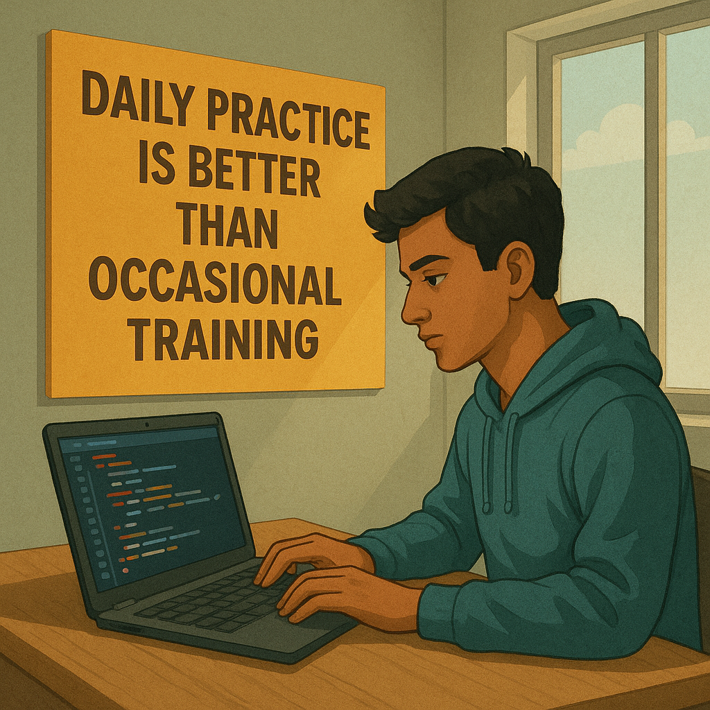 Students working on coding tasks and interview prep in a training session