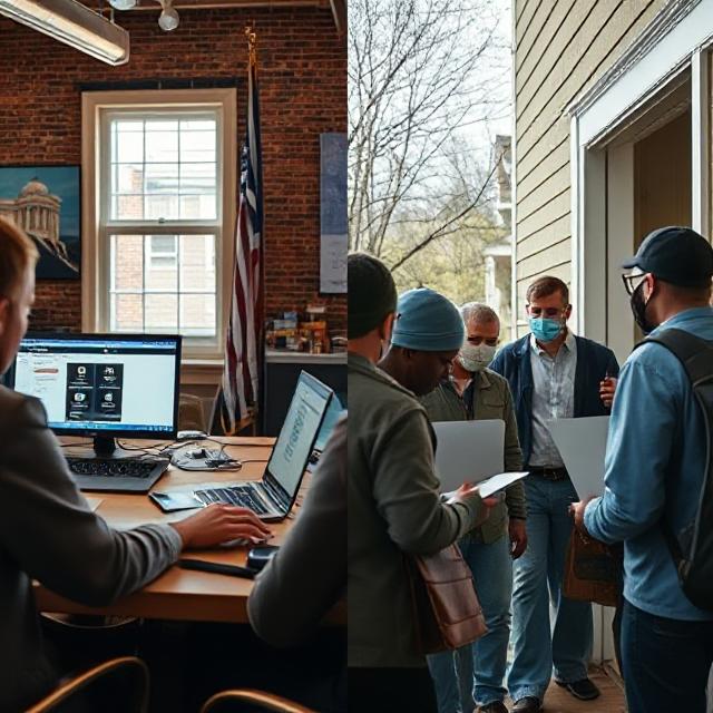 Digital campaign team planning with laptop while field workers canvas in a village