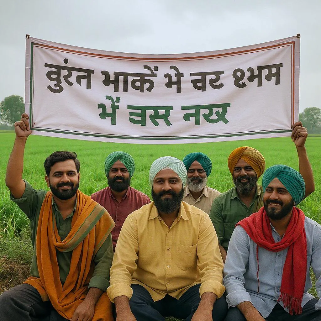 Farmers protesting with placards in Punjab during Punjabi podcast discussion