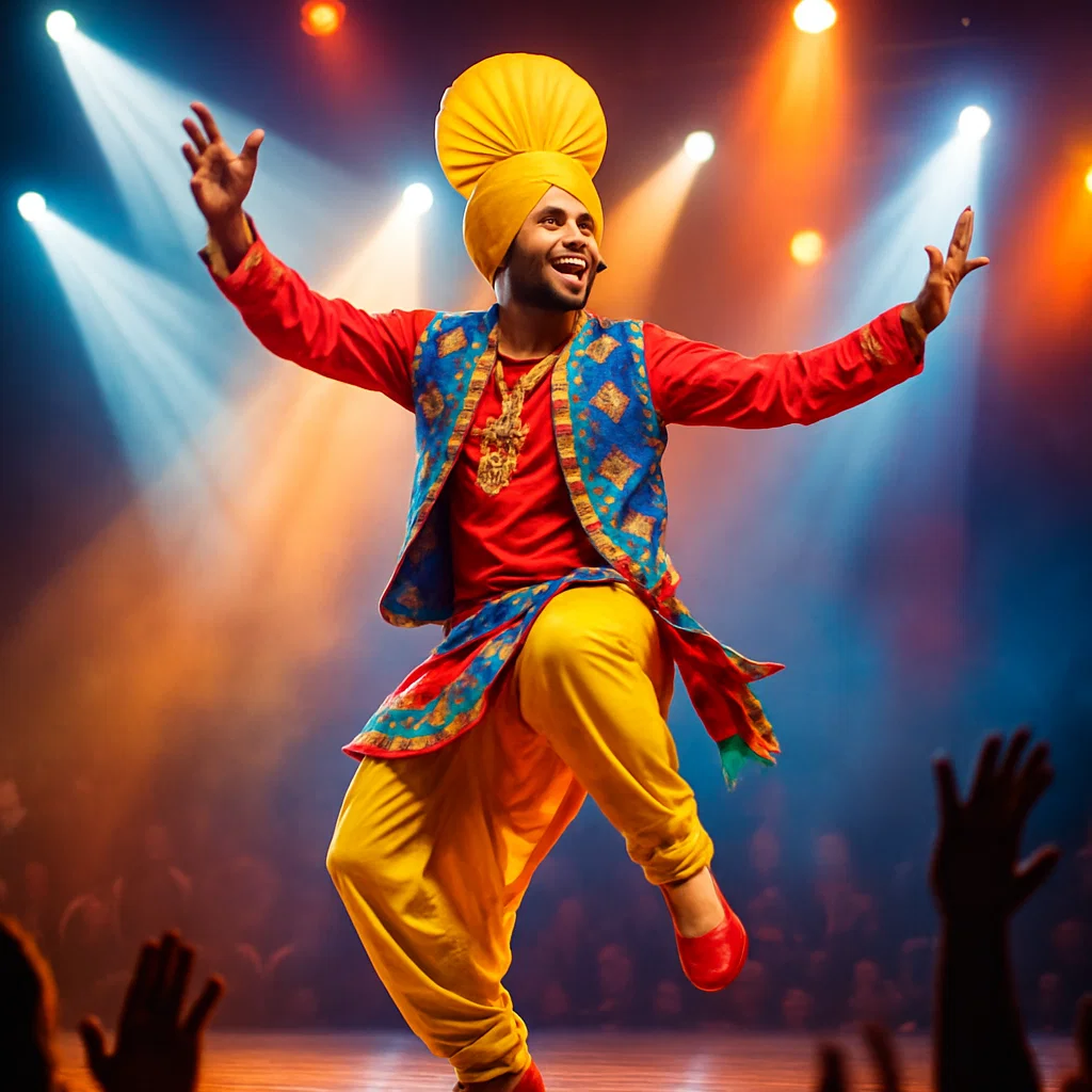 Kamaljit Singh performing Bhangra on stage during a Punjabi podcast appearance
