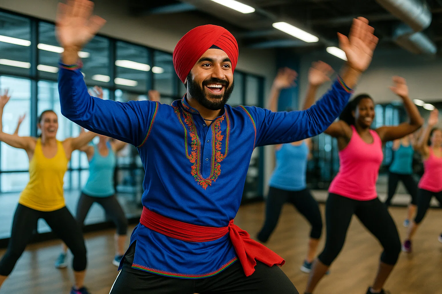 Kamaljit Singh teaching Bhangra as a fitness workout in a gym