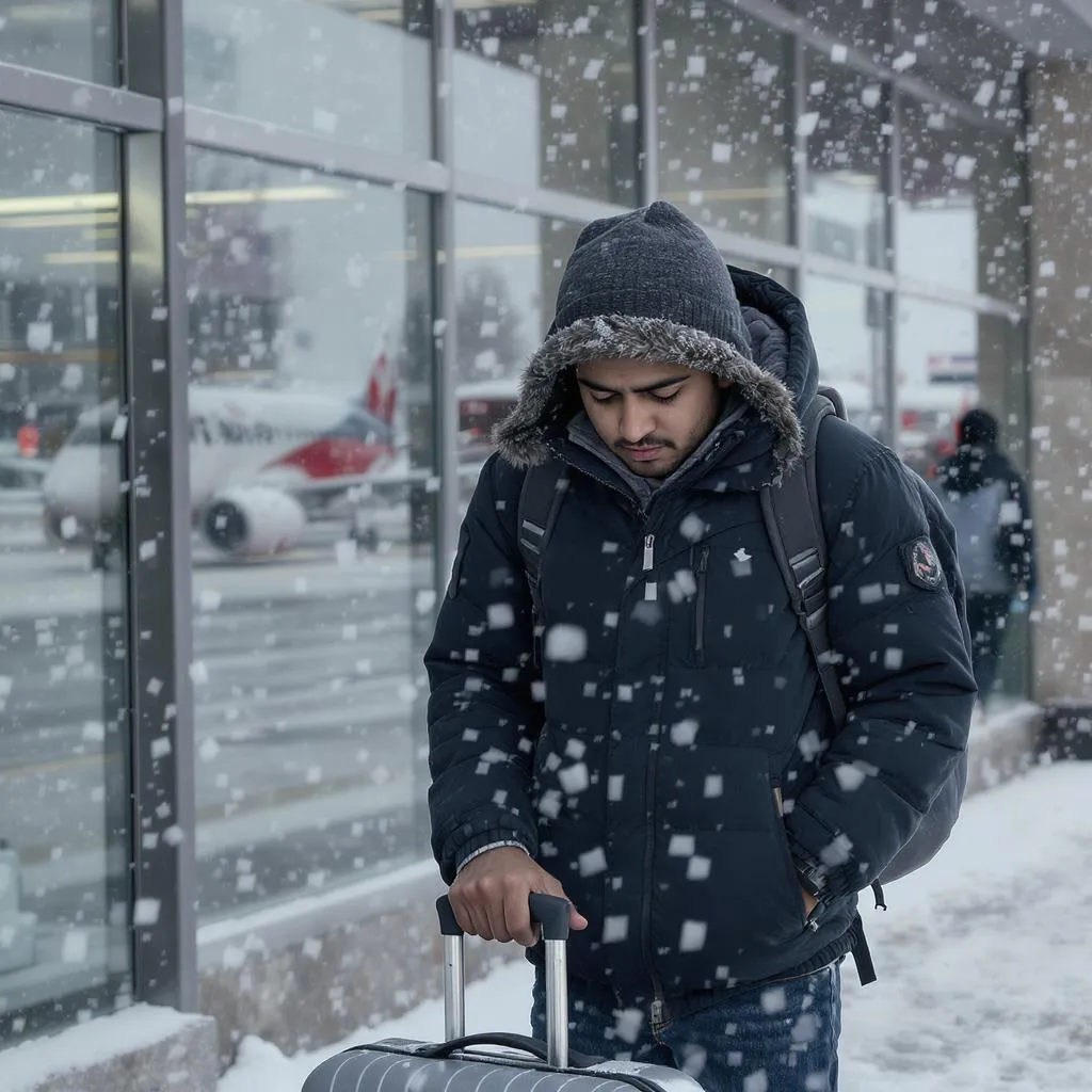 Indian student alone at foreign airport with suitcase - Insights from Punjabi podcast